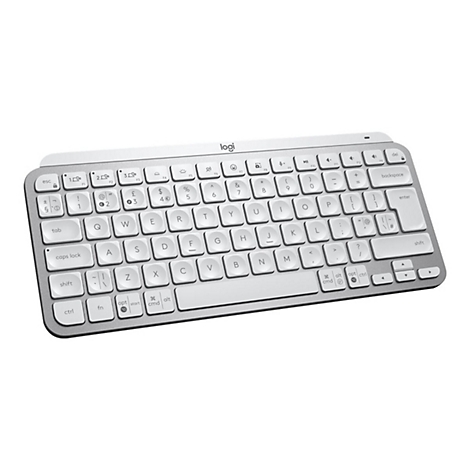 Graue Logitech-Tastatur mit weißen Tasten und Schriftzug. Das Layout ist gut erkennbar, mit vielen Sonderzeichen.