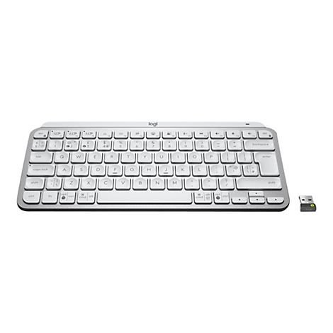 Draufsicht auf eine kabellose Logitech-Tastatur mit weiß-grauem Design und dazugehörigem USB-Empfänger.