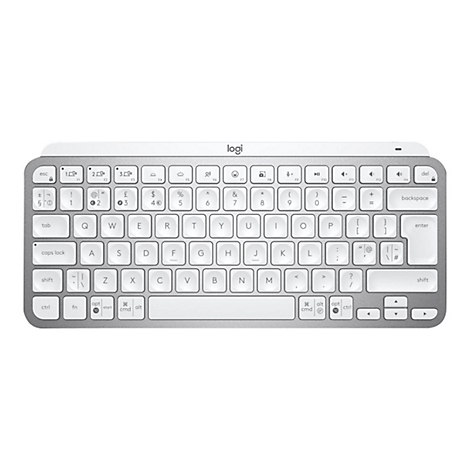 Draufsicht auf eine weiße Logitech-Tastatur, Tasten mit silbernen Metallrahmen, Buchstaben und Symbole.