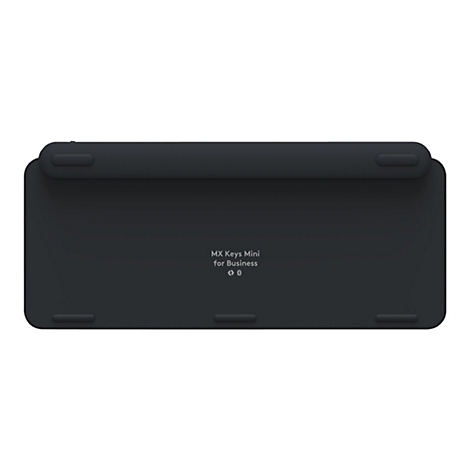 Schwarze Tastatur, Unterseite. Aufschrift: MX Keys Mini for Business, Bluetooth Symbol, kleine Gummifüße.
