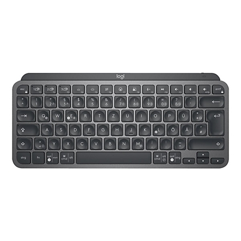 Drahtlose, graue Tastatur mit deutschen Tastenbeschriftungen. Das Logitech-Logo ist oben. Die Tastatur hat verschiedene Funktionstasten.