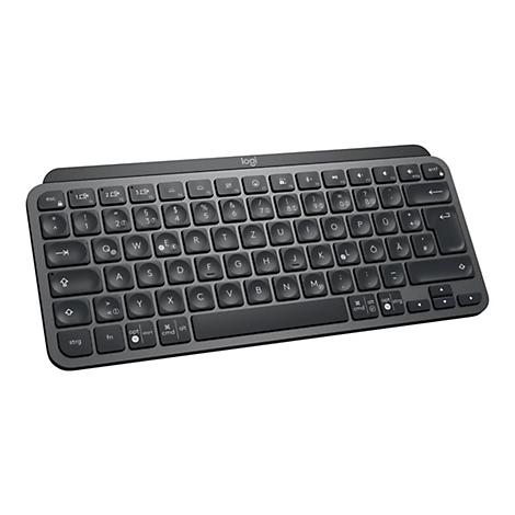 Drahtlose, dunkelgraue Logitech-Tastatur; Tasten mit deutscher Beschriftung.