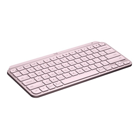 Hellrosa kabellose Tastatur mit weißen Tasten, das Logitech Logo ist deutlich zu sehen. Das Keyboard ist auf weißem Hintergrund abgebildet.