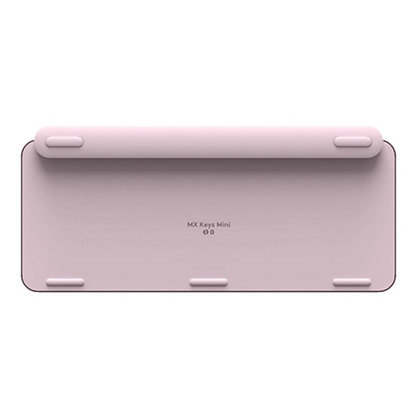 Draufsicht auf eine rosa Tastatur. Auf der Oberfläche steht „MX Keys Mini“.