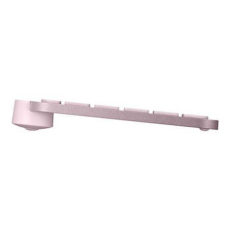Nahaufnahme einer rosafarbenen Tastatur. Das schlanke Design mit flachen Tasten und einem rosa-grauen Gehäuse.