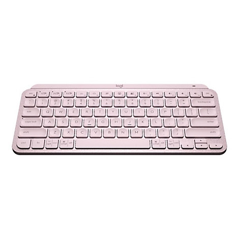 Hellrosa kabellose Tastatur von Logitech, auf weißem Hintergrund. Tastenbeschriftung klar erkennbar.