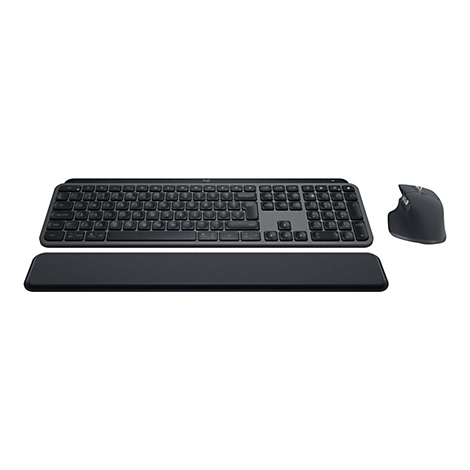 Draufsicht auf ein schwarzes Tastatur- und Mausset mit Handballenauflage, alles vor weißem Hintergrund. Die Tastatur hat die Marke Logitech.