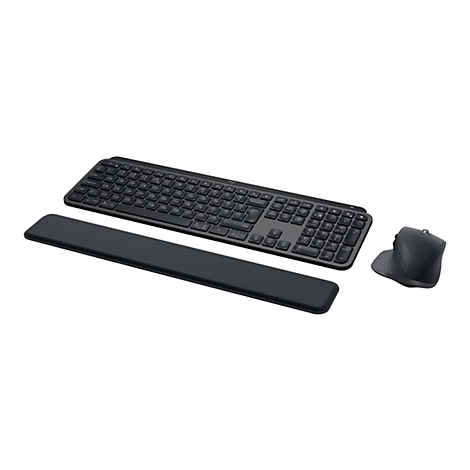Schwarzes Tastatur-Maus-Set mit Handgelenkstütze vor weißem Hintergrund. Das Set besteht aus Tastatur, Maus und Handballenauflage.