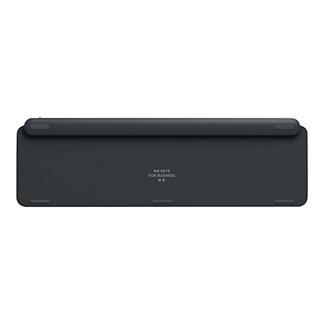 Dunkelgraue Tastatur, Ansicht der Unterseite. Aufdruck: MX KEYS FOR BUSINESS.
