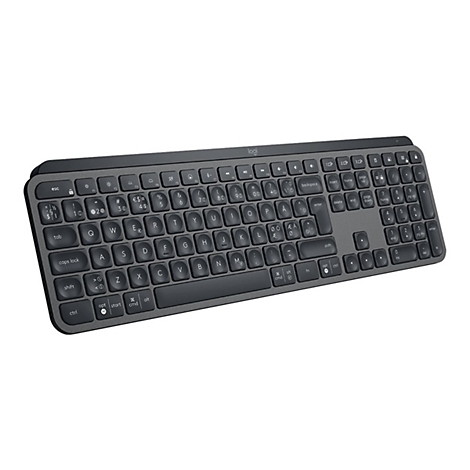 Draufsicht auf eine graue Logitech-Tastatur auf weißem Hintergrund.