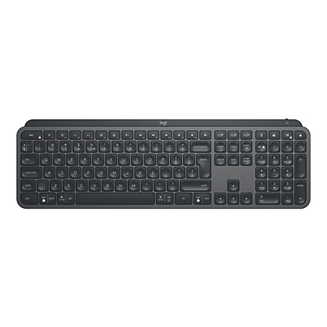 Draufsicht auf eine graue Logitech-Tastatur mit weißen Tasten. Die Tastatur hat ein klassisches Layout mit Ziffernblock und Funktionstasten.
