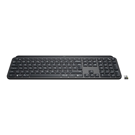 Schwarze Logitech-Tastatur mit Nummernblock und USB-Empfänger auf weißem Hintergrund.