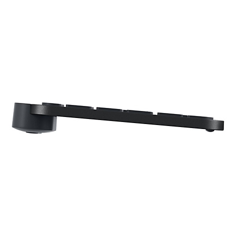 Schwarze Tastatur, Seitenansicht, mit abgerundeter Basis und erhöhter Tastenreihe.