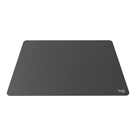 Dunkelgraue rechteckige Mousepad mit abgerundeten Ecken, Herstellerlogo "logi" in der rechten Ecke.