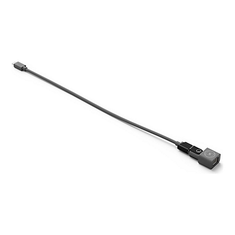 Graues Kabel mit quadratischem Ende und rundem Stecker, das diagonal vor weiÃŸem Hintergrund liegt.