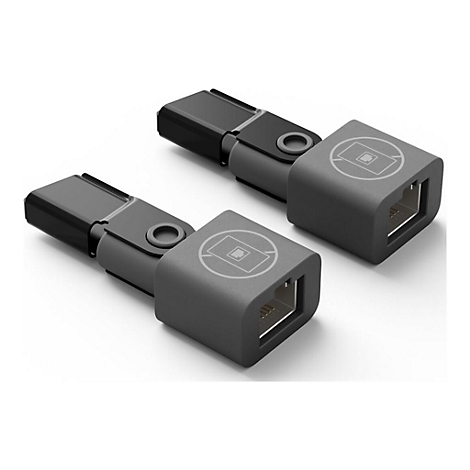 Zwei graue, eckige Adapter mit RJ45-Anschluss und USB-Stecker. Auf jedem Adapter ist ein Symbol eingraviert.