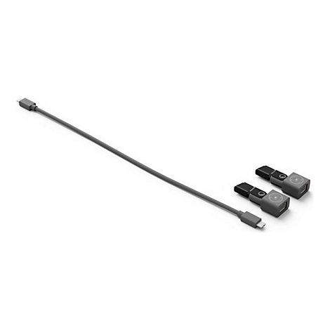 Ein graues USB-C-Kabel mit zwei Adaptern, die auf weißem Hintergrund liegen.