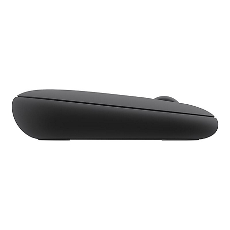 Draufsicht auf eine schwarze Maus. Die Form ist ergonomisch, mit einem Scrollrad.