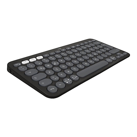 Schwarze, kabellose Tastatur mit grauen Tasten. WeiÃŸe Akzenttasten.