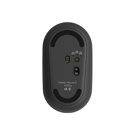 Die Unterseite einer schwarzen Maus, erkennbar als Logitech Pebble Mouse 2 M350s. Sie zeigt eine grÃ¼ne LED, zwei KnÃ¶pfe und zwei halbrunde dunkle Elemente.