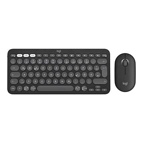 Schwarzes Logitech-Tastatur- und Maus-Set. Die Tastatur hat runde Tasten, die Maus ist oval.