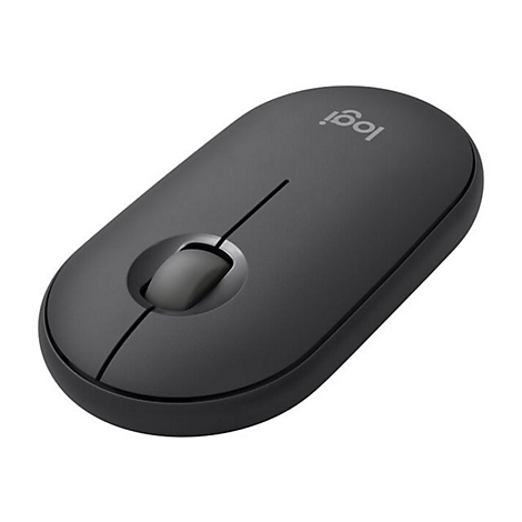 Drahtlose Maus, schwarz, mit Rollrad und Logi-Logo.