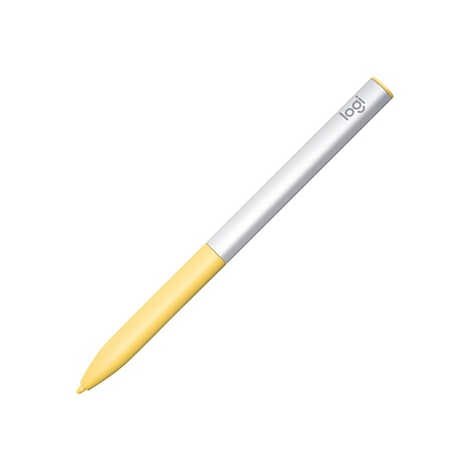 Stylus-Stift in Gelb und Silber, diagonal vor weißem Hintergrund. Logo "logi".