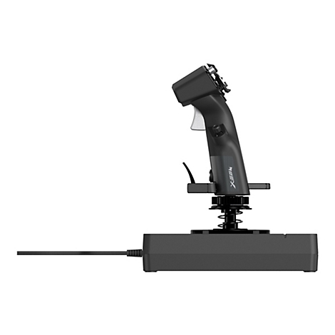 Joystick noir pour jeux vidéo. Il a une poignée, des boutons et une base avec un câble.