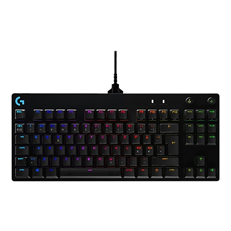 Schwarze mechanische Tastatur, blau beleuchtet. Buchstaben, Zahlen und Sonderzeichen sind klar erkennbar.