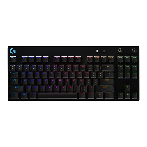 Schwarze mechanische Gaming-Tastatur mit beleuchteten Tasten, Buchstaben und Symbolen.