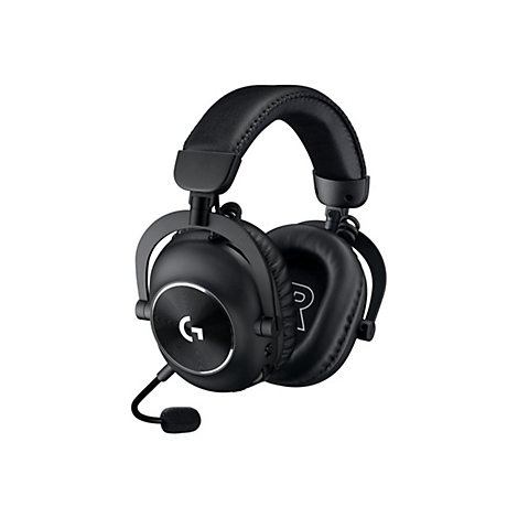 Schwarzes Gaming-Headset mit Mikrofon, Detailaufnahme, auf weißem Hintergrund.