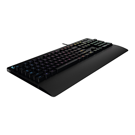 Schwarze Gaming-Tastatur mit integrierter Handballenauflage und dezent beleuchteten Tasten vor weißem Hintergrund.