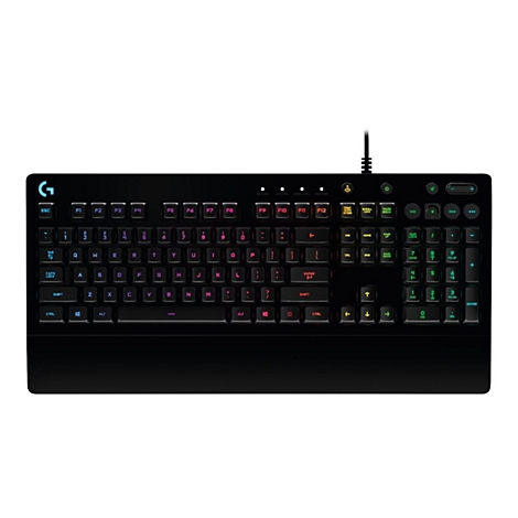 Schwarze Gaming-Tastatur mit roten und grünen Tasten, Kabel, Logo oben links.