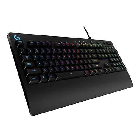 Schwarze mechanische Gaming-Tastatur mit beleuchteten Tasten in verschiedenen Farben. Das Logo des Herstellers ist in der oberen linken Ecke sichtbar.