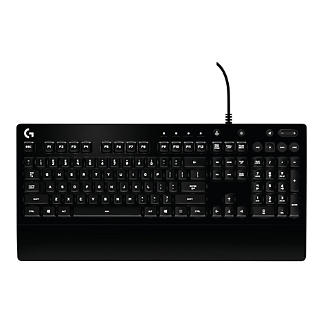 Schwarze Computertastatur mit weißen Tasten und Kabel. Oben links das Logitech-Logo.