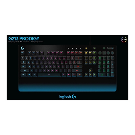 Eine Gaming-Tastatur, G213 Prodigy, mit RGB-Beleuchtung. Die Tasten sind schwarz mit weißen und pinkfarbenen Buchstaben. Oben links das Logitech-Logo, rechts die Angabe 16.8M.