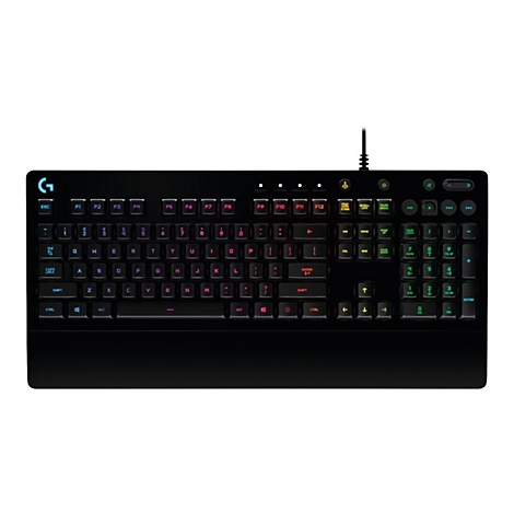 Schwarze Gaming-Tastatur von Logitech mit RGB-Beleuchtung und Handballenauflage vor weißem Hintergrund.