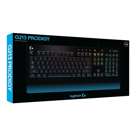 Schwarze Logitech G213 Prodigy Gaming-Tastatur, beleuchtet mit farbigen Tasten. Auf der Verpackung steht 'G213 Prodigy RGB Gaming Keyboard'.