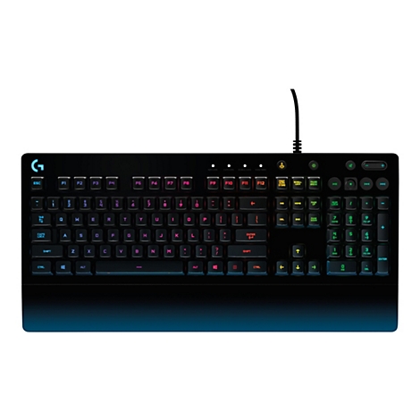 Schwarze Gaming-Tastatur mit beleuchteten Tasten und Kabelanschluss. Verschiedene Funktionstasten und ein G-Logo.