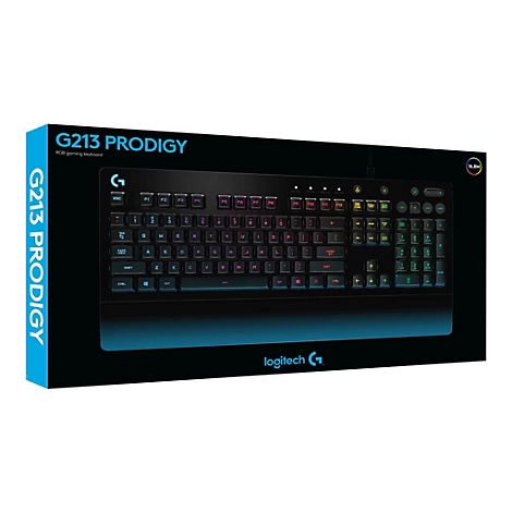 Schwarze Tastatur in schwarzer Verpackung. Aufdruck: G213 Prodigy, Logitech. RGB Beleuchtung sichtbar.