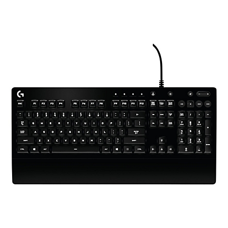 Schwarze Gaming-Tastatur mit Kabel, Tasten mit weiÃŸen Beschriftungen, Logo oben links.