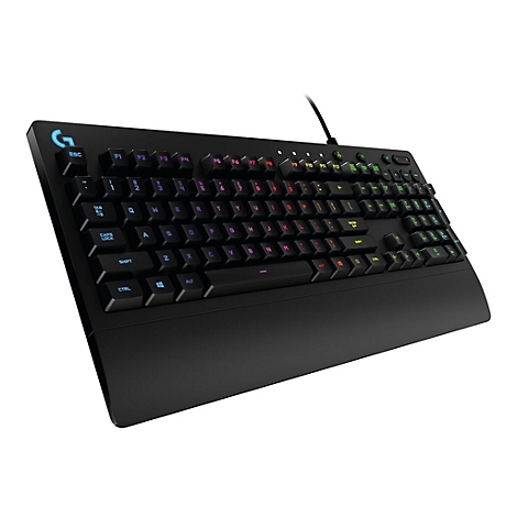 Schwarze Gaming-Tastatur mit farbiger Beleuchtung und G-Logo.