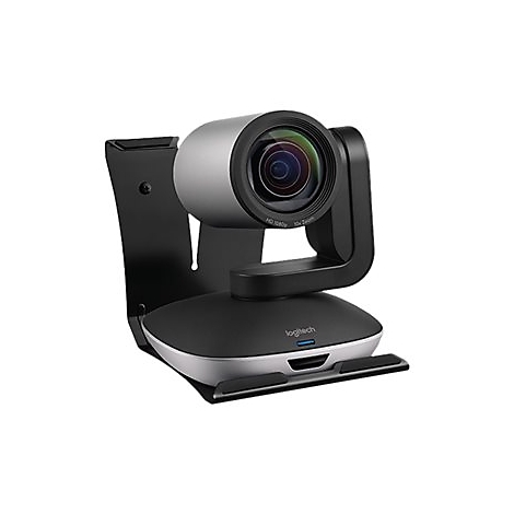Webcam, silber-schwarz, mit Objektiv, auf Halterung. Aufschrift: Logitech. Mit HD-1080p und 10x Zoom.