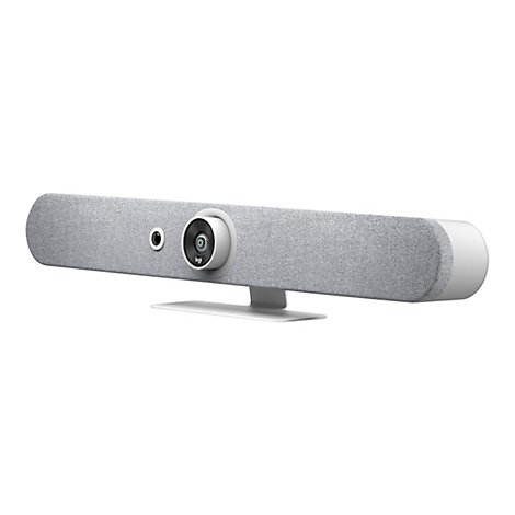 Eine graue Videokonferenz-Soundbar mit Kamera und Logo auf weißem Grund.