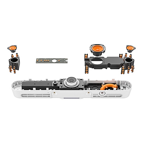 Explosionszeichnung einer Soundbar. Einzelne Komponenten sind zu sehen: Lautsprecher, Platine, Kamera und Gehäuse.