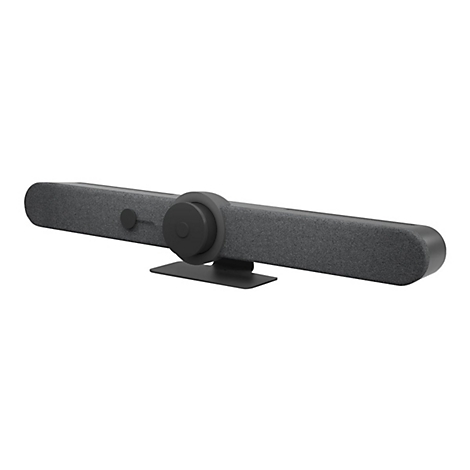 Dunkelgraue Videokonferenz-Soundbar mit Halterung auf weißem Hintergrund.
