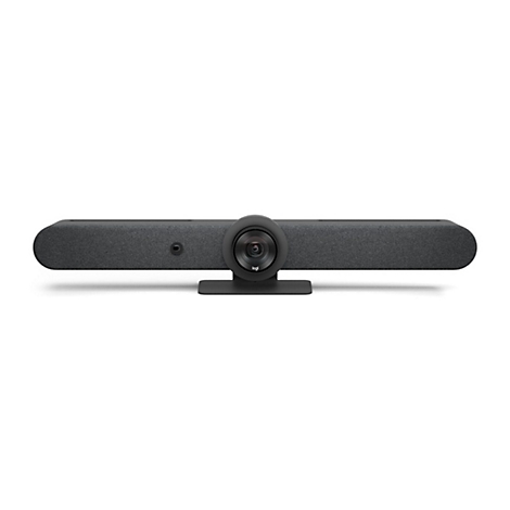 Dunkelgraue Videokonferenz-Soundbar, in der Mitte Kamera, darunter Halterung, auf weißem Hintergrund.