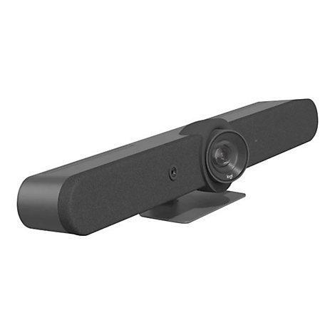 Dunkelgraue Videokonferenz-Soundbar auf weißem Hintergrund, mit Objektiv, Logitech-Logo und Halterung.