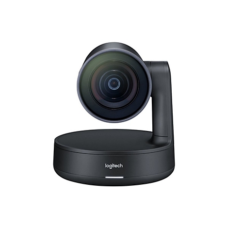 Schwarze Logitech-Webcam. Rundes Objektiv über einem zylindrischen Sockel. Weißes Licht und Logitech-Logo.