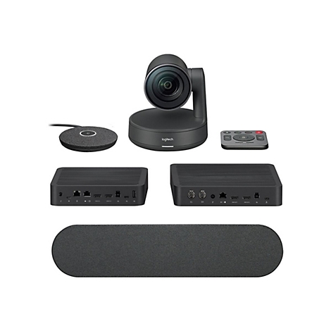 Eine Produktpräsentation von Logitech-Videokonferenzsystemen. Das Bild zeigt eine Kamera, ein Steuergerät, zwei Empfänger, ein Mikrofon und eine Soundbar.